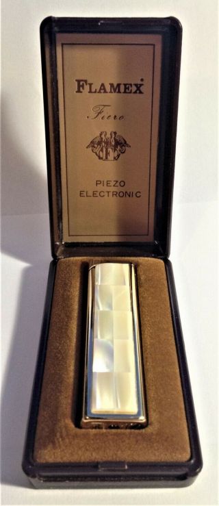 VINTAGE FLAMEX FIERO PIEZO ELECTRONIC PEARL & GOLD TONE LIGHTER IN CASE W/PAPERS 2