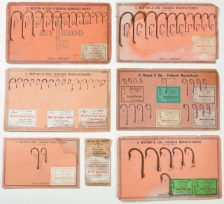 6 Vintage O.  Mustad & Sons Fishing Hooks Salesman Sample Display Cards