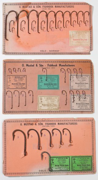 6 Vintage O.  Mustad & Sons Fishing Hooks Salesman Sample Display Cards 3
