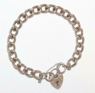 7.  5 " Vintage English Sterling Silver 925 Padlock Charm Bracelet Heart Clasp 29g