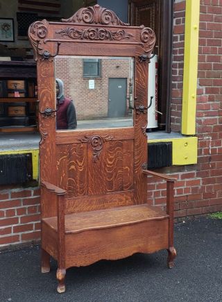Large Antique Victorian Carved Oak Hallway Stand Bench W/ Mirror C1890