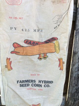 Vintage Farmers Hybrid Seed Corn Sack Cloth Bag Airplane Hampton Iowa Feed