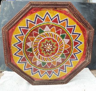 Antique Rare Old Handmade Beads Work Mandala Floral Art In Octagonal Frame