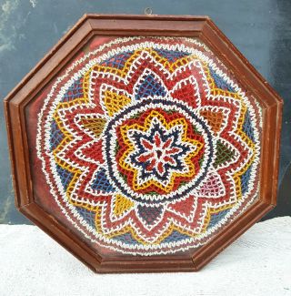 Antique Rare Old Handmade Beads Work Mandala Floral Art In Octagonal Wood Frame