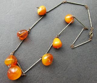 Antique Natural Butterscotch Egg Yolk Baltic Amber Beads Necklace,  Silver.