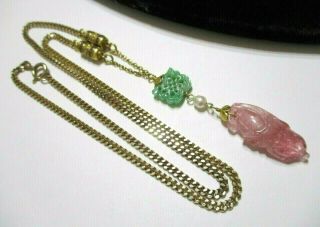 Fabulous Antique Chinese Carved Jade & Pink Tourmaline Melon Pendant Necklace