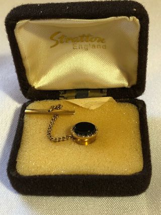 Stratton England Black Onyx Tie Pin With Safety Chain Vintage 1960 