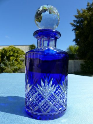 Large Antique French Baccarat Hand Carved Blue Cut To Clear Perfum Bottle (n3)