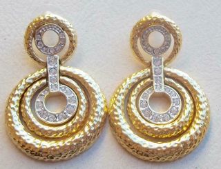 Kenneth J Lane Vintage Earrings Haute Couture Hammered Gold Ice Rhinestone Hoops