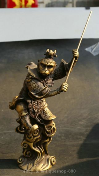 9.  1 " Chinese Fengshui Bronze Monkey King Sun Wukong Hold Golden Cudgel Statue孙悟空