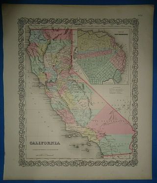 Vintage Circa 1857 California - San Francisco Map Old Antique Colton