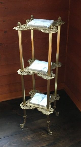 Antique Cast Brass & Marble Plant Stand 3 Tier