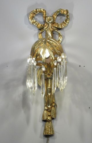 Antique Vintage Brass Sconces Palm Tree Hollywood Regency Crystals (3 avl. ) 3