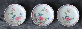 3 Chinese Famille Rose Saucers Plates 18th C Century Antique Enameled Painted