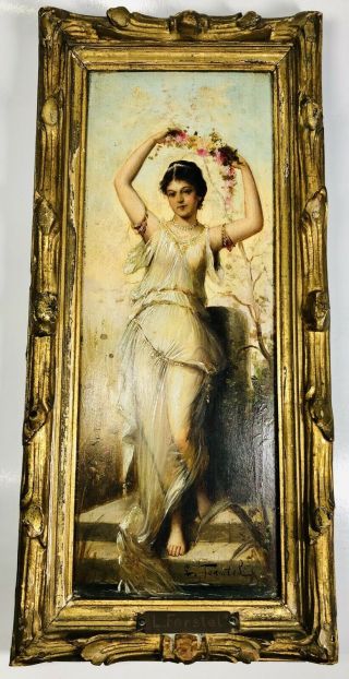 Antique Oil On Wood Panel Painting Of Woman In Summer Dress Signed L.  Ferstel