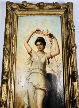 Antique Oil on Wood Panel Painting of Woman in Summer Dress Signed L.  Ferstel 3