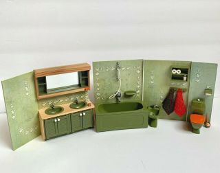 Vintage Lundby Dollhouse Miniature Bathroom Furniture Set Green Color Euc