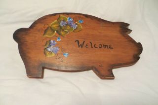 Vintage Wood Pig Cutting Board,  Painted Welcome