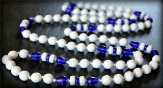 48 " Estate Cobalt Blue & White Milk Glass Knotted Xl Flapper Bead Necklace Vtg