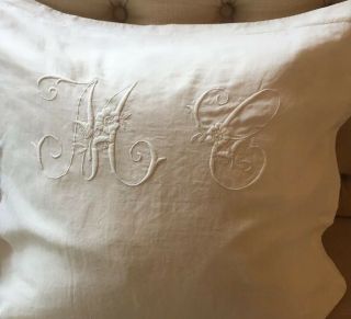 Exquisite Vintage French Hand Embroidered Monogrammed Pillow Case Cushion Cover