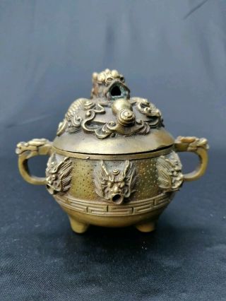 Antique Chinese Bronze Tripod Dragon Censer Late Ming Dynasty
