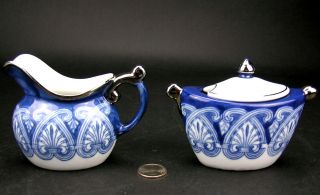 Vintage Bombay Co Company Blue & White Tile Pattern Sugar Bowl Creamer Pitcher