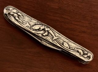 Fish In Waves Antique Ornate Sterling Silver Pocket Knife Victorian Aesthetic