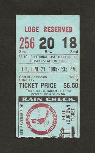 St Louis Cardinals Vs Chicago Cubs Ticket Stub June 21,  1985