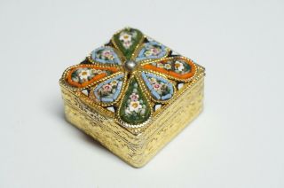 Vintage Italy Micro Mosaic Pill/trinket Box - White Flowers In Blue - Green - Orange