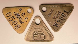 3 Ford Factory Tool Check Tags: Rouge,  Northville,  Flat Rock; Original; Brass