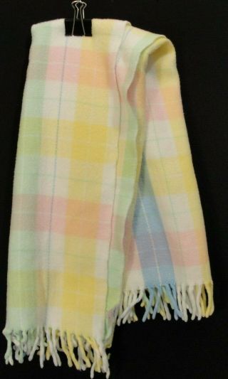 Vtg Tennessee Woolen Mills Acrylic Baby Blanket Fringe Pink Yellow Blue Plaid