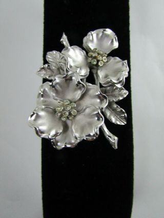 Vintage Signed Art Flower Matte Silver Tone Rhinestone Pin Brooch 2 7/8 "