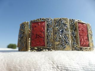 Vintage Chinese Silver Cinnabar Enamel Bracelet 6 2/3 " Detail