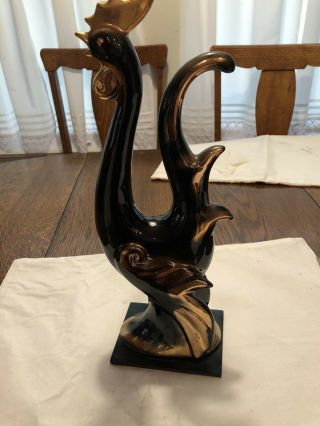 Vtg Mid Century Modern Stylized Black And Gold Ceramic Roosted Figurine 13 "