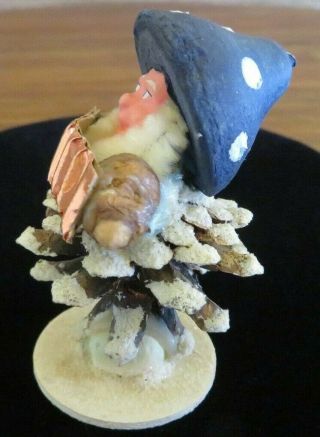 Vtg Germany Pinecone Elf Xmas Ornament,  Spun Cotton Blue Mushroom Cap,  Instrument