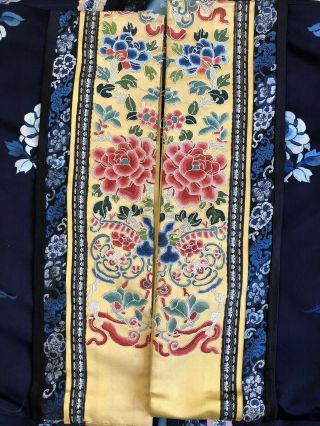 Antique 19thC Qing Chinese Embroidered Silk Robe Floral Vases Yellow Sleeves 2