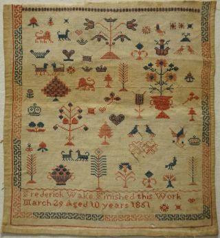 Small Mid 19th Century Motif Sampler By Boy Child Frederick Wake Aged 10 - 1851