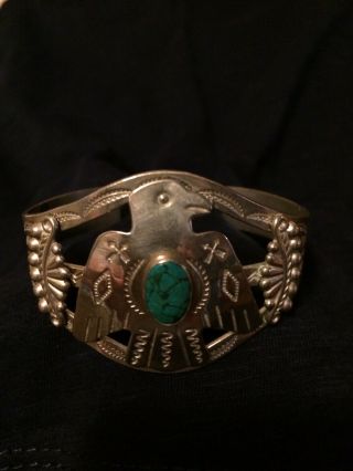 Vintage Sterling Native American Bracelet With Eagle And Small Turquoise Stone