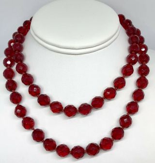 Vintage 1950’s Red Glass Faceted Beads Necklace Estate