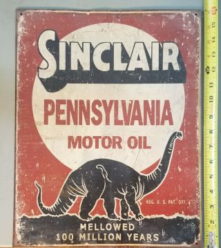 Vintage Sinclair Pennsylvania Motor Oil Metal Sign Tin Antique Garage Dinosaur