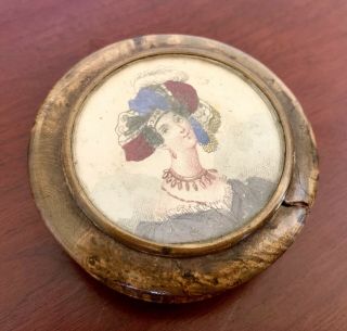 Antique Georigian Burl Wood Victorian Snuff Pill Pin Box With Portrait Of A Lady