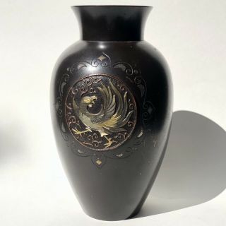 Antique Japanese Rooster Mixed Metal Large Bronze Art Vase Gold Silver Meiji