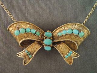 Antique Victorian Solid 14k Gold & Turquoise Engraved Ribbon Pendant Necklace