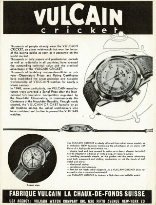 1940s Vintage Vulcain Cricket Watch Art Print Ad