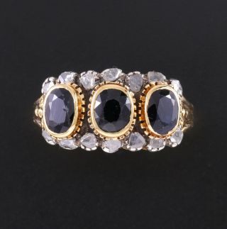 Rare Antique 18k 3 Ct.  Rose Cut Diamond And Natural Blue Sapphire Ring