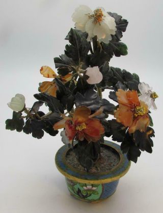 Antique Vintage Chinese Jade Flower Tree Cloisonne Pot Rose Quartz,  Agate