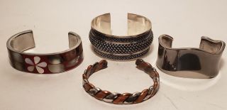 4 Vintage Cuff Bracelets - Sterling Silver - Mop - Brass - Hand Made?1.  5 Ozt - Nr
