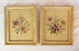 Vintage Pair Framed Floral Embroidered Crewel Needlepoint Framed Art 12 " X 10 "