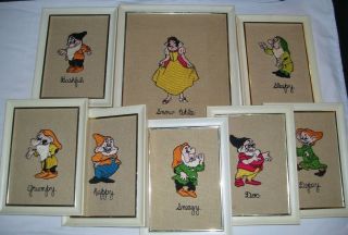 Vintage Set Snow White & The Seven Dwarfs Cross Stitch Framed Wall Hangings