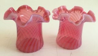 2 Vintage Fenton Cranberry Optic Swirl Glass Opalescent Top Hat Vases